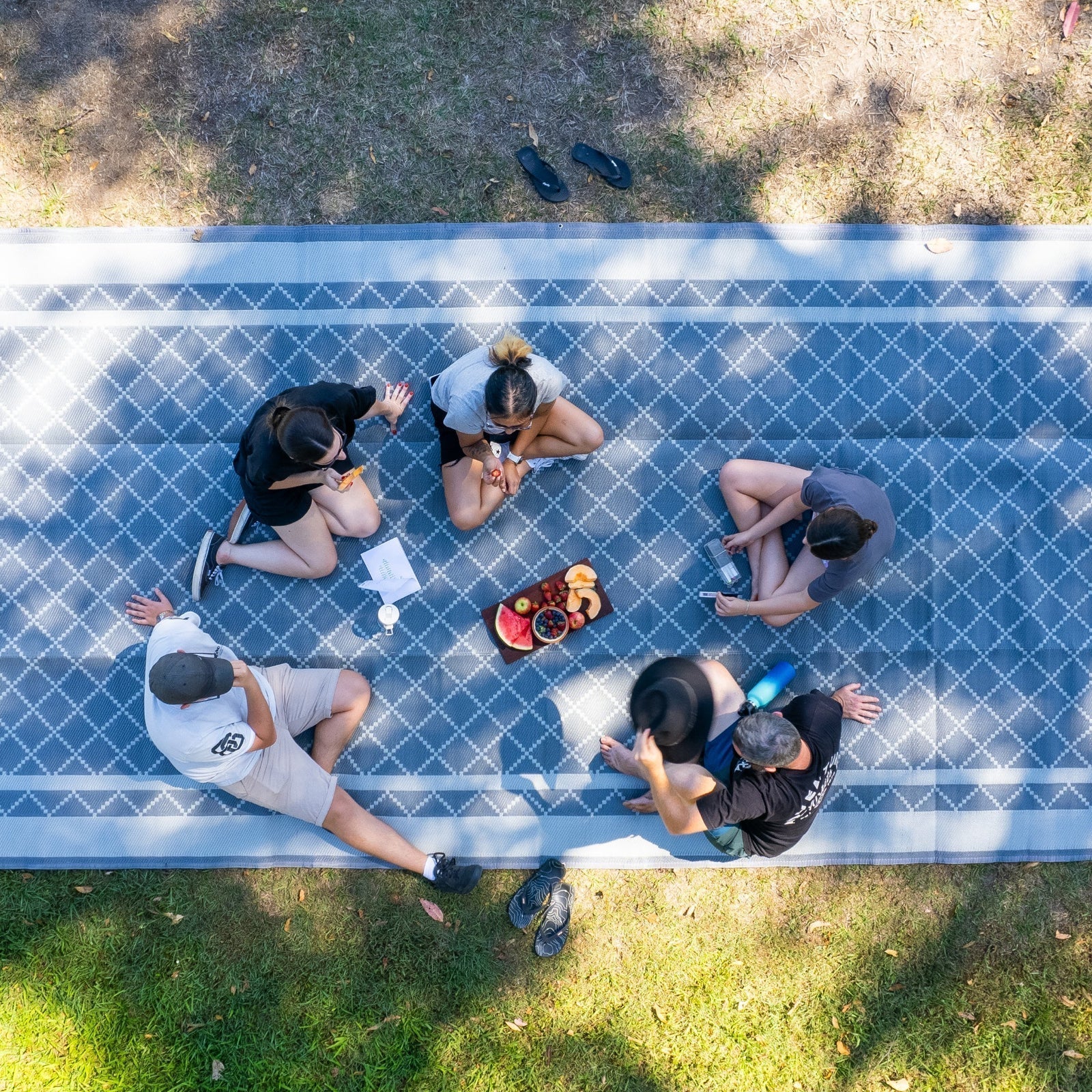 A group of people gathered around a picnic table on a picnic mat, enjoying food and conversation outdoors.